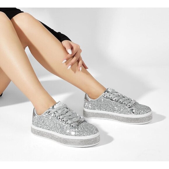 Women's Silver  Platform Glitter Sneakers | Sparkly Bling Shiny Dressy - Picture 9 of 9